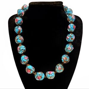 Murano Venetian Hand Made Glass Bead Turquoise Pink Floral Gold Foil Necklace